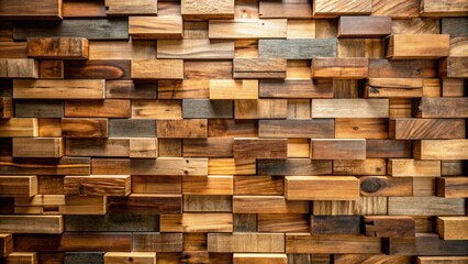 Fototapeta premium Rustic Wooden Block Wall Texture A Detailed Image of Interlocking Reclaimed Wood Pieces in Varied Shades and Sizes