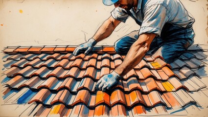 Ink sketch of person on roof repairing orange tiles. Man wears blue shirt and gloves while handling roof tiles. White sky background.