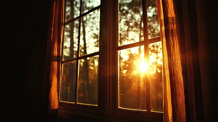 A window view of the forest with shining golden sunlight