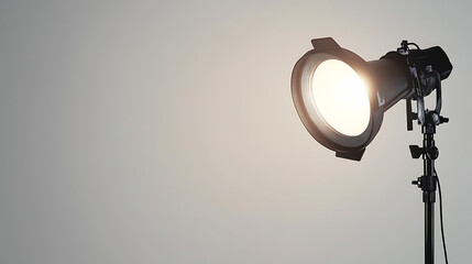 Studio light with barn doors on a stand illuminating a neutral background