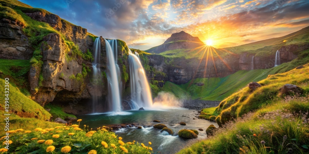 Poster golden hour waterfall cascading down verdant cliffs, sun rays illuminating lush meadows and dandelio