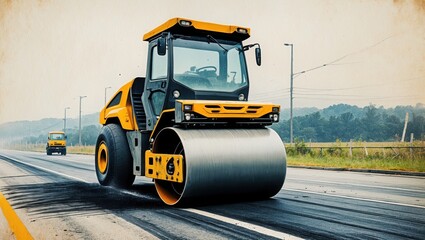 Road roller machine on asphalt. Yellow construction vehicle on street near green trees. Big metal roller smooths dark surface.