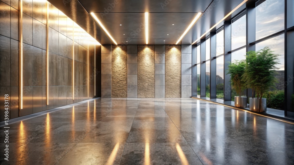 Aufkleber modern interior design sleek hallway with polished floor and textured walls, illuminated by linear l