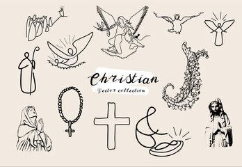 A Christian vector collection featuring sacred symbols, including a church, Bible, crucifix, dove, nativity scene, and other faith-inspired elements.