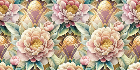 Elegant floral pattern featuring soft peonies and intricate gold accents.
