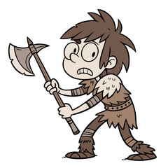 Cartoon Caveman Boy Holding Axe Illustration for Coloring Book or Educational Material