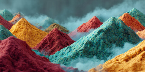 Colorful powder piles resemble textured mountains, creating an abstract landscape scene.  The image evokes feelings of vibrancy and artistry, ideal for design or creative concepts