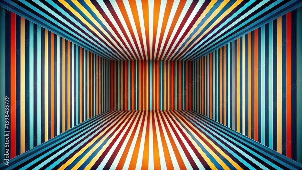 Poster abstract colorful striped room interior design, illustrating a modern and vibrant space with geometr
