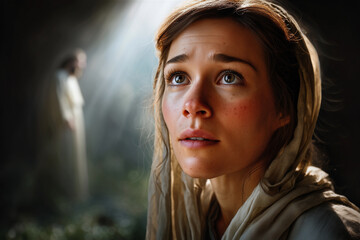A hyper-realistic close-up portrait of Mary Magdalene at the moment she sees the resurrected Jesus from a distance. 