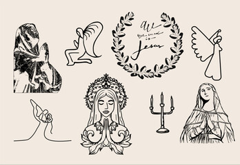 A Christian vector collection featuring sacred symbols, including a church, Bible, crucifix, dove, nativity scene, and other faith-inspired elements.