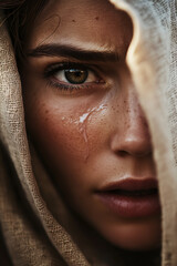 A hyper-realistic close-up portrait of Mary Magdalene at the moment she sees the resurrected Jesus from a distance. 