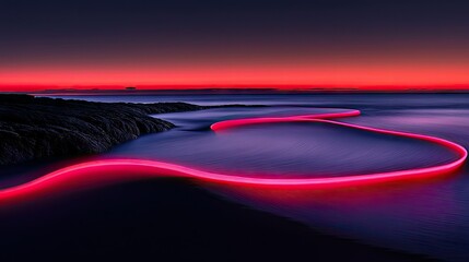 A vibrant red neon light curves over tranquil ocean water