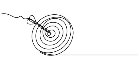 Target Continuous Line Illustration, A dart hitting dartboard one line art drawing, Single continuous line drawing of archery target pad was shot with arrows. Archery sport exercise with target board.