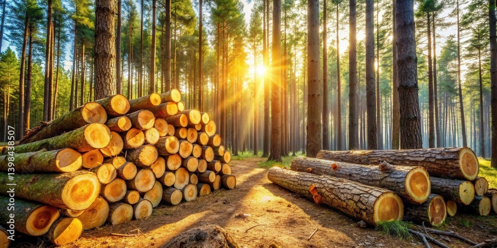 Poster golden sunlight illuminates a forest path lined with stacks of recently harvested logs