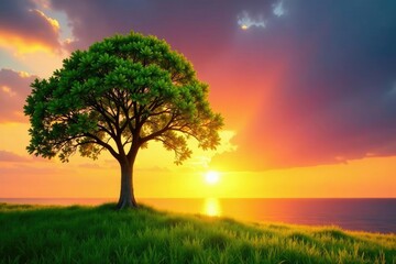 Single isolated tree branch against a bright and colorful sunset background, green, branch, sunset