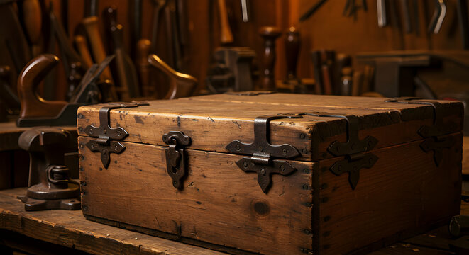 Antique Wooden Box With Ornate Metal Hinges In Workshop - Powered by Adobe