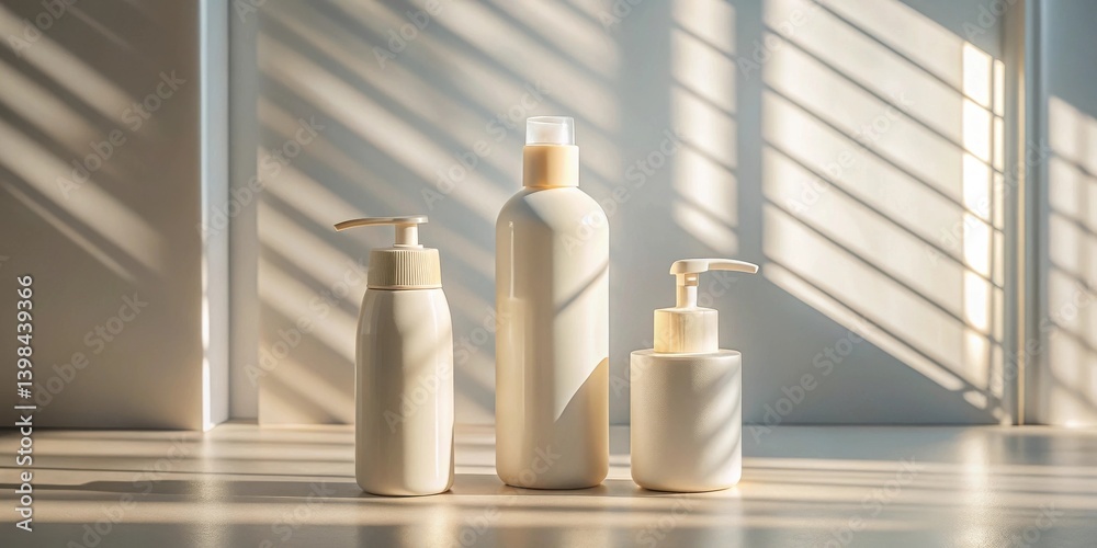 Aufkleber sunlit minimalist bathroom product display three elegant cream-colored bottles with dispensers, cast