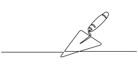 Fototapeta premium Continuous line drawing of cement trowel. One line of cement trowel for brick. Worker tool concept continuous line art. Editable outline, construction trowel tools concept graphic design vector style.