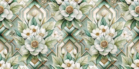 Elegant floral wallpaper with green and white accents, showcasing intricate patterns.