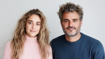 Obraz premium A young woman and a mature man standing side by side in a studio setting, both wearing casual sweaters, neutral background, and portrait composition.