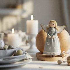 Easter angel doll in Scandinavian decor with rustic wooden eggs in a warm, cozy, light-filled hygge-style scene.