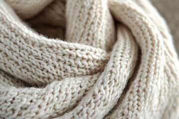 Fototapeta premium Close-up of a chunky infinity scarf in warm cream wool, highlighting the textured knit, with a soft taupe background.