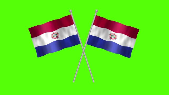 Flag of Paraguay, Cross table flag of Paraguay on Green screen chroma key, Paraguay 3D Animation flag waving in the wind isolated on Green Background. 
