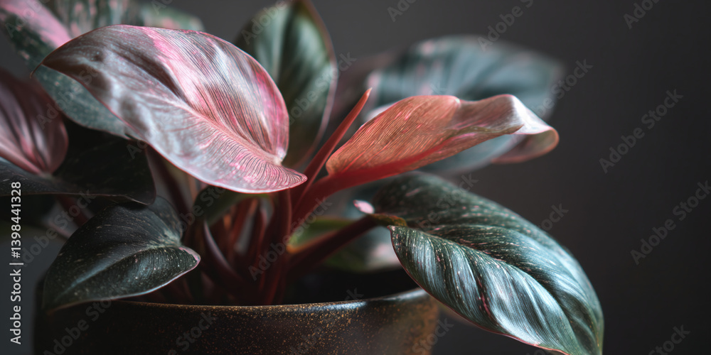 Poster close-up of pink and green plant leaves, showcasing intricate texture and subtle color variations. r