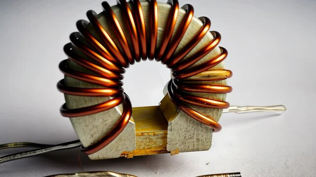 Close-up of a toroidal inductor showcasing its copper wire windings and the core structure used in electrical circuits