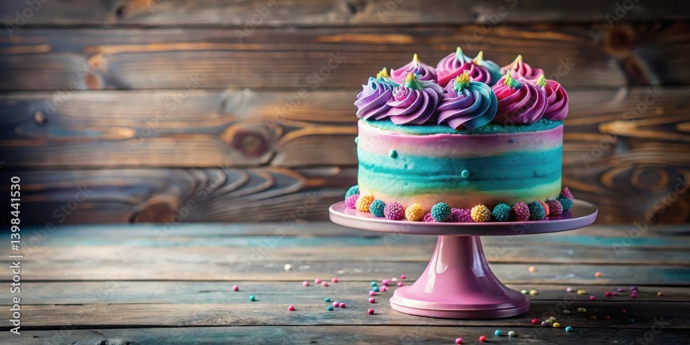 Poster a whimsical pastel rainbow layer cake adorned with vibrant frosting swirls and colorful candy, elega