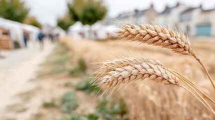 Wheat stalks in foreground, blurred village fair in background on a cloudy day featuring grain, harvest, and golden brown hues
