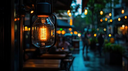 A decorative illuminated bulb hanging over a blurred outdoor scene