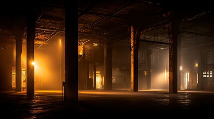 A Large Dark Empty Interior Lit With Yellow And Orange Light