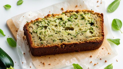 Zucchini bread slice lies on baking paper. Bread has green zucchini bits inside. Basil leaves surround bread on white table. Baked loaf detail.