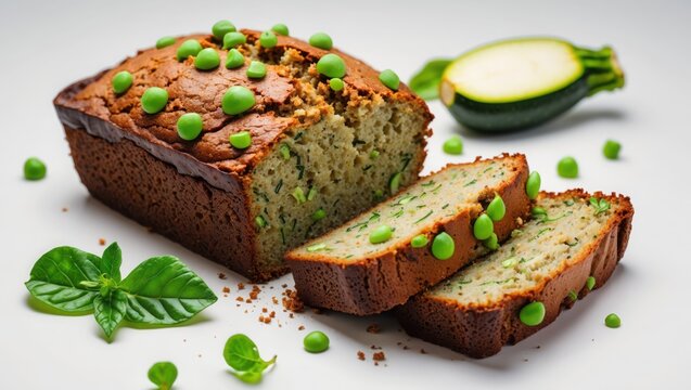 Zucchini bread with peas on white surface. Sliced loaf cake with green vegetables. Fresh baked sweet bread with green leaves and sliced green marrow. Baking food closeup.