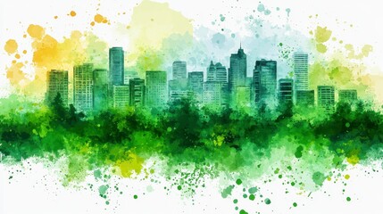 Obraz premium Watercolor Cityscape with Green Trees and Yellow Splashes