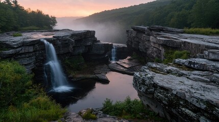 Scenic landscape features two waterfalls cascading over rocky cliffs into pools