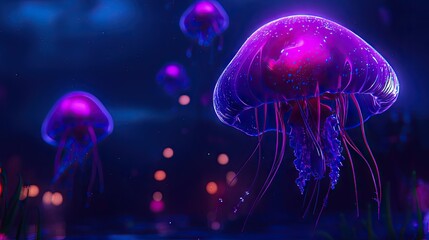 Fototapeta premium Bioluminescent Jellyfish Swimming In Deep Ocean Waters
