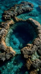 Oceanic Serenity: Aerial view of turquoise water reveals a mesmerizing natural sinkhole carved by time's relentless hand.