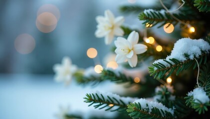 Snow-covered branches of a small tree adorned with delicate white hyacinths and twinkling fairy lights, festive decor, evergreen branches, winter wonderland