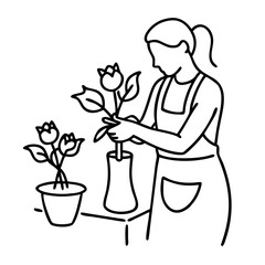 Woman Arranging Flowers in Vase Vector Illustration for Floral Design and Craft Projects