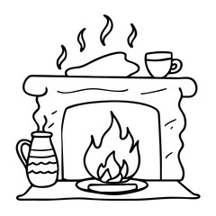 Cozy Fireplace Scene with Hot Beverage Line Art for Coloring and Design Projects