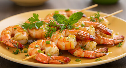 Delicious Grilled Shrimp Skewers With Citrus Glaze Garnished With Herbs