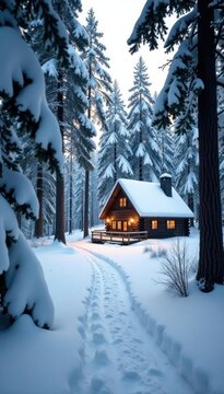 Snow-covered forest floor with a small cabin in the distance, snow, cozy, bra nches