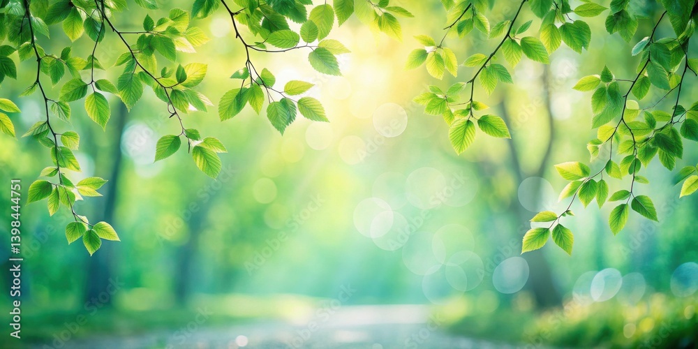 Poster Vibrant Springtime Greenery Lush Foliage and Soft Sunlight Filtering Through Branches, Creating a Peaceful and Serene Natural Scene