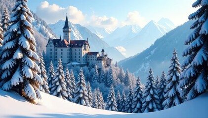 Snow-covered forest landscape in Hohenschwangau Castle surroundings, winter, cold, trees
