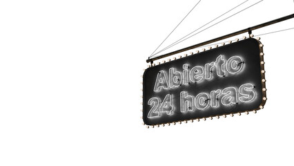 Cartel abierto 24 horas neón blanco alfa.