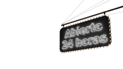 Cartel abierto 24 horas neón blanco alfa.