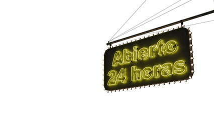 Cartel abierto 24 horas neón amarillo alfa.
