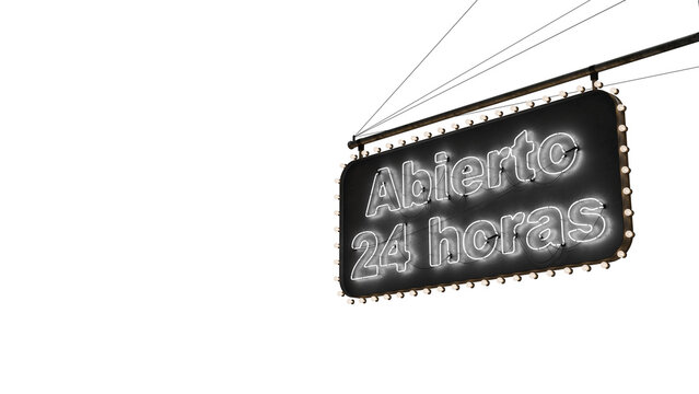 Cartel abierto 24 horas neón blanco alfa.